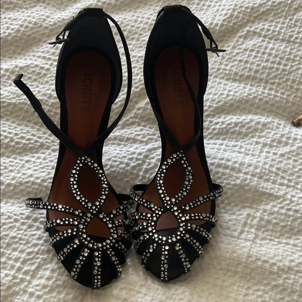 SCHUTZ Black Crystal-Strap Evening Heels